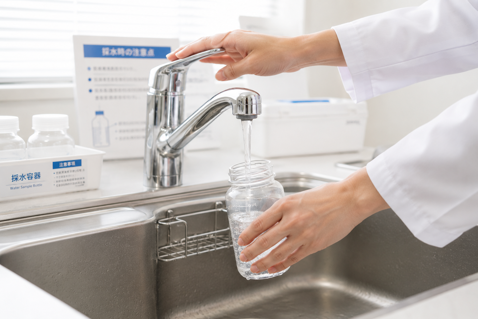 蛇口から採水容器へ水道水を採取する様子